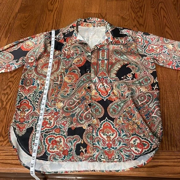 SHEIN multi paisley floral Boho satin feel button down shirt oversized Small - Picture 10 of 11